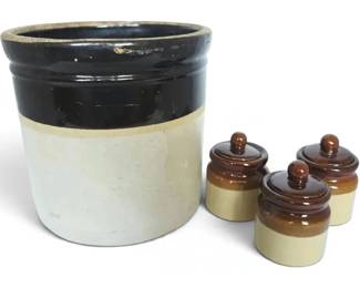 Vintage Two Tone 7.5 Stoneware Crock 3 Small Crocks With Lids