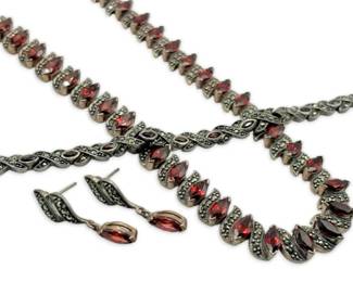 Sterling Silver Garnet Marcasite Tennis Necklace, Bracelet, Earring Set