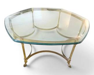 Vintage Hollywood Regency Style Brass Hexagonal Coffee Table With Hoof Feet