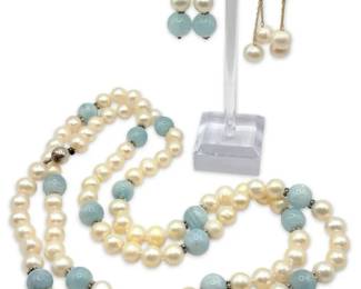 White Freshwater Pearl Milky Aquamarine Beaded Necklace Earring Set