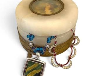 Vintage Alabaster Brass Footed Jewelry Box w VictorianStyle Portrait And Necklaces