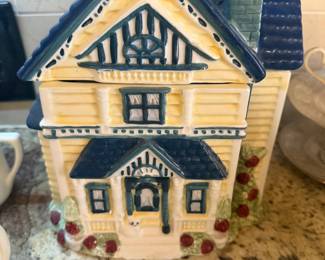 Decorative blue and white miniature cottage collectible cookie jar | Wildflower Lane Estate Sales | Sugar Land, TX