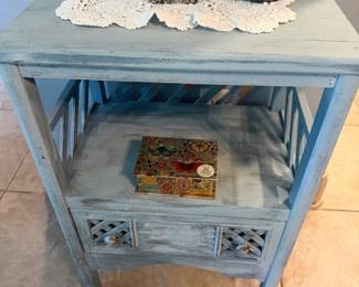 Distressed blue wooden accent table and decorative storage furniture | Wildflower Lane Estate Sales | Sugar Land, TX