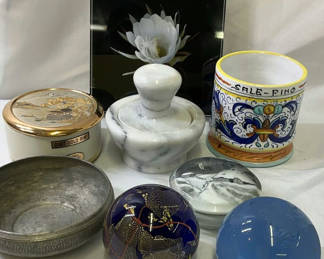 Lot 39: Assorted Round Decorative Ceramic, Glass, and Metal Home Decor Items