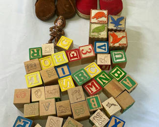 Lot 42: Children's Shoes, Wooden Alphabet Blocks, and Small Figurine