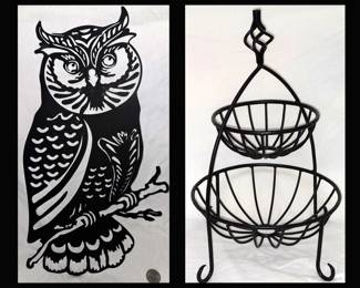 Pierced Metal Owl and Metal Two Tiered Basked Stand 