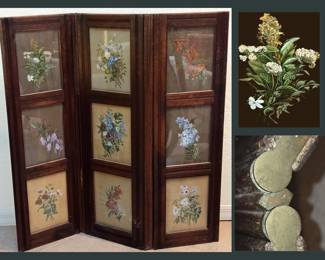 Vintage Wooden and Glass Screen with Painted Glass Panels