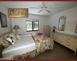 Vintage Bali Hai Faux Bamboo Bedroom Set: Bed, Pr Nightstands, Lingerie Chest, Dresser & 2 Mirrors