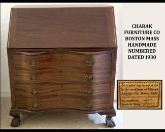 Charak Furniture Co Boston Mass. Handmade Drop Down Serpentine Secretary Dated 1930, Numbered 610