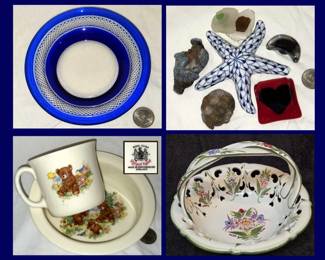 Small Cobalt and Clear Glass Plate, Smalls, Royal Kent Baby Dish & Cup and Italian Ceramic Basket 