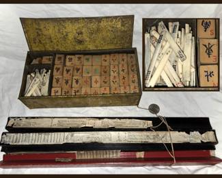 Antique Maj Jong Set Some Bone, Wood and Metal Pcs