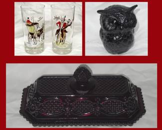 Vintage Glasses Cast Iron Owl and Vintage Avon Butter dish