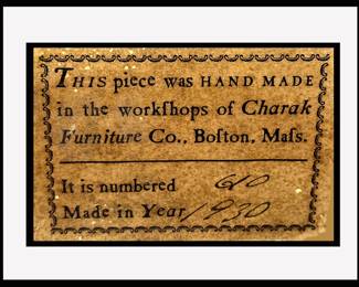 Original Label Charak Furniture Co Boston Mass 