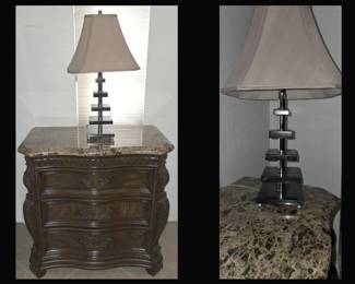 Pair of Marble Top Chest Nightstands and Pr of Modernist Lamps