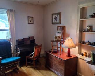 Wooden trunk, desk,chairs, etc