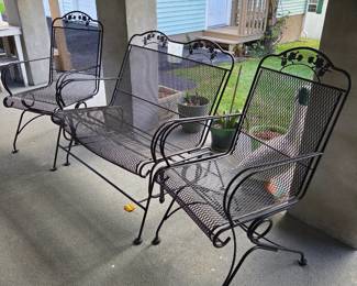 Wrought iron glider and 2 chairs