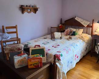 Cute antique bed,trunk and vintage toys