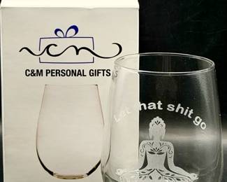 Etched Buddha Stemless Wine Glass With Original Box