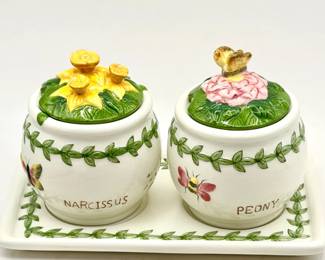 (2) Portmeirion Botanic Garden Jam/Jelly Condiment Jars With Underplate
