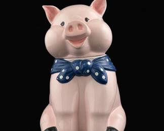 Vintage Pink Pig Cookie Jar with Blue Polka Dot Bow
