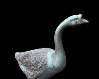 Vintage Patinated Bronze Goose Garden Sculpture