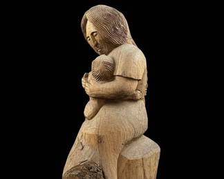Vintage Hand Carved Wooden Mother and Child Sculpture