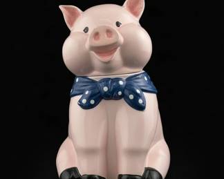 Vintage Pink Pig Cookie Jar with Blue Polka Dot Bow second image