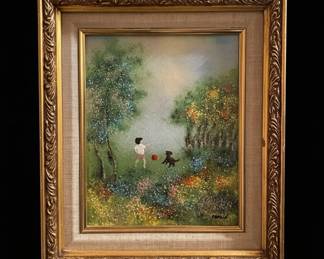 Louis Cardin Enamel on Copper Painting Child and Dog second image