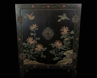 Chinoiserie Style Black Lacquer Cabinet with Birds and Flowers