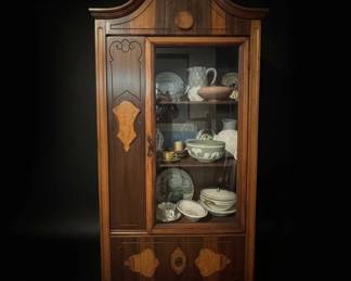 Art Nouveau Style Leaded Glass Floor Lamp and Wooden Display Cabinet