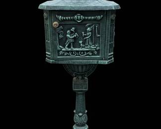 Vintage Cast Aluminum Pedestal Mailbox with Relief Scene fifth image