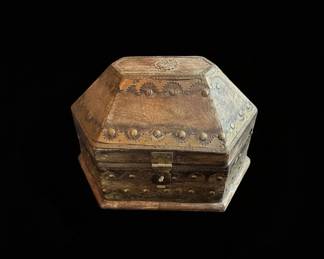 Indian Hexagonal Wood and Brass Decorative Box