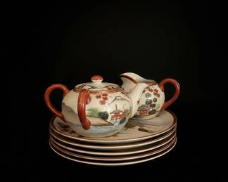 Vintage Japanese Porcelain Tea Set with Mount Fuji and Pagoda Motif