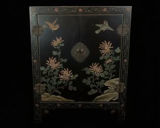 Chinoiserie Style Black Lacquer Cabinet with Birds and Flowers fourth image