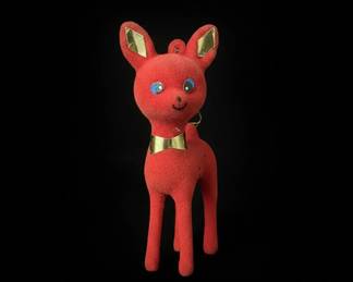 Vintage MidCentury Red Flocked Reindeer Christmas Ornament