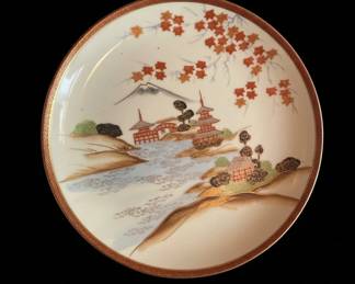 Vintage Japanese Porcelain Tea Set with Mount Fuji and Pagoda Motif fourth image