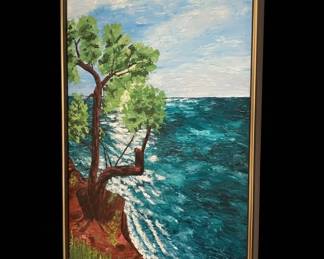 Midth Century lone Cypress Impasto Oil Painting Framed
