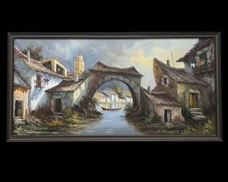 European Canal Village Landscape Oil Painting Signed S. David