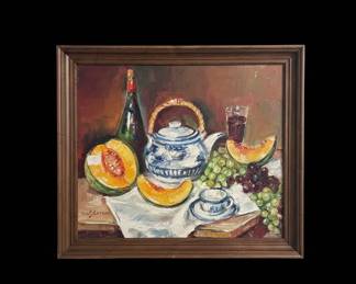 Still Life with Blue and White Teapot, Fruit, and Wine Oil Painting