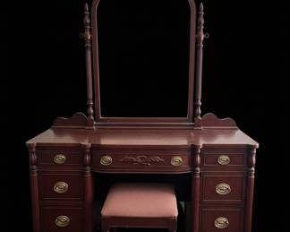 Victorian Revival Mahogany Vanity with Mirror and Stool