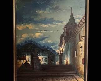 J. Emzar Oil Painting of Colonial Street Scene