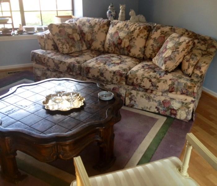 Broyhill Floral Print couch, matching loveseat, Geometric Area Rug & Vintage Coffee Table