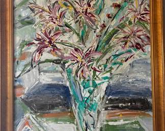 Colorful floral painting featuring pink and burgundy blossoms, expressive brushwork, and a warm wood frame.