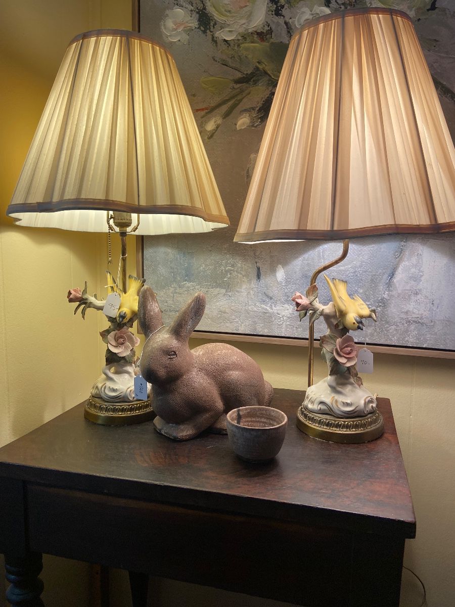 Ceramic bird base lamps. McCarty pottery rabbit and bowl.
