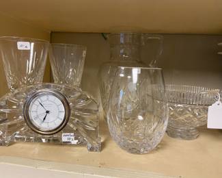 Waterford clock and glasses.