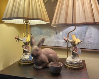 Ceramic bird base lamps. McCarty pottery rabbit and bowl.
