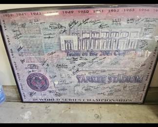 Signed Yankee Stadium Print Framed Yankee Stadium commemorative artwork featuring signatures and stadium history.