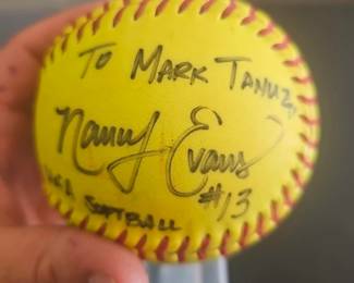 Nancy Evans Autographed Softball Signed softball featuring Nancy Evans #13. University of Arizona softball memorabilia. Personalized inscription.