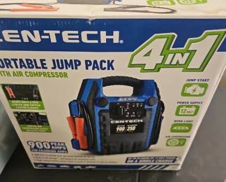 Portable Jump Starter CEN-TECH 4-in-1 portable jump pack with built-in air compressor. Automotive emergency equipment.