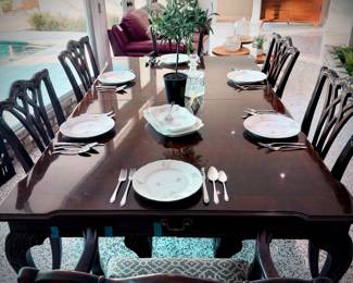 Drexel Heritage dining table, and 6 place settings of china and flatware